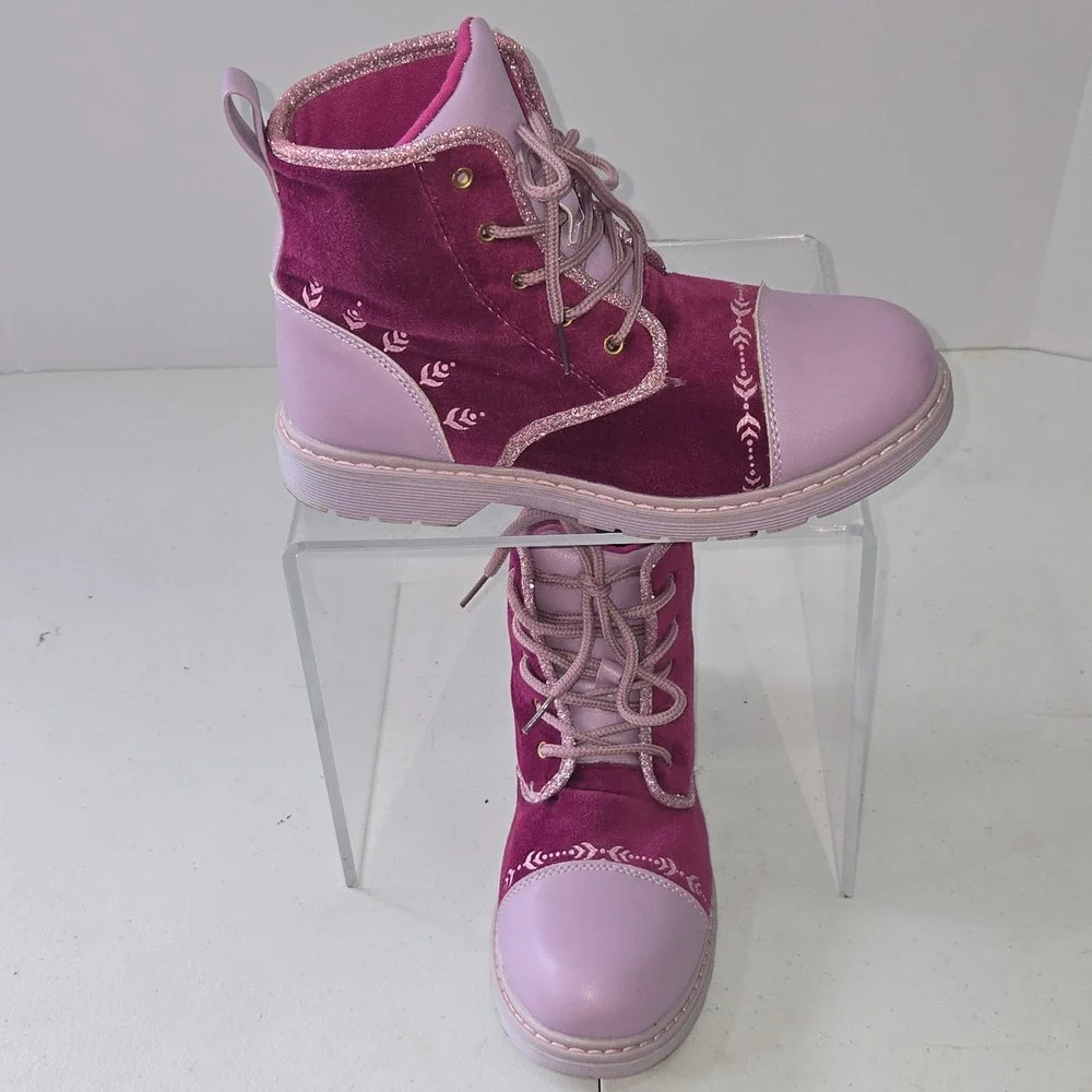Disney Frozen II Girls Anna Purple Velvet Lace Up Combat Boots Glitter Size 4